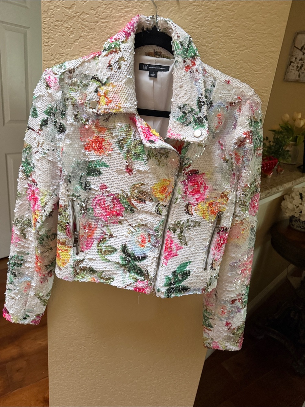 INC International Concepts White Floral Sequin Moto Jacket